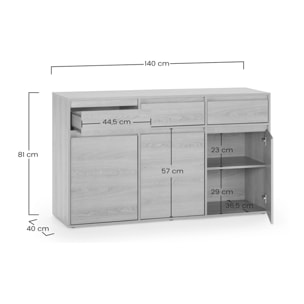 Aparador Tori 3 Puertas 3 cajones, Color Roble, 140 cm