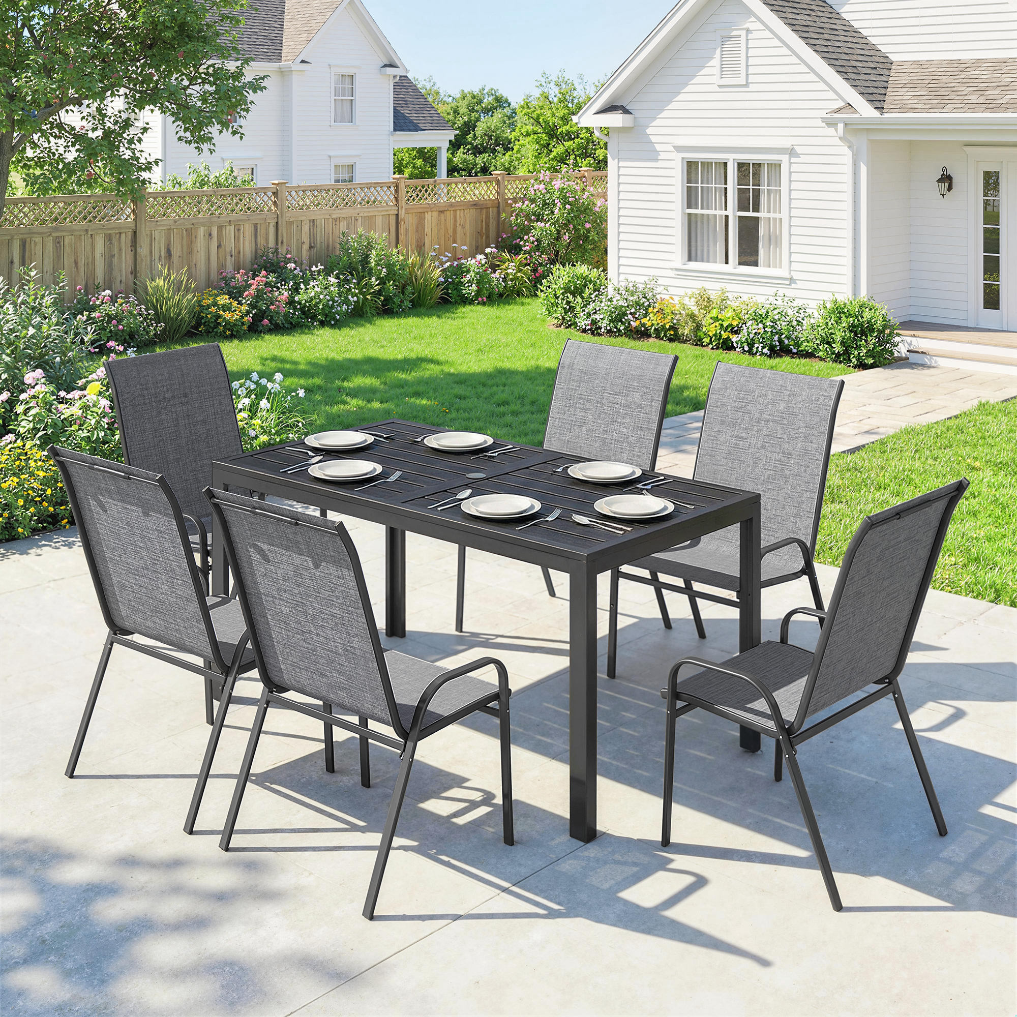 Conjunto de Mesa y Sillas Jardín de 7 Piezas, Muebles Jardín Exterior con Mesa Metálica Efecto Madera con Agujero, 6 Sillas Apilables Transpirables, Marco de Acero Resistente, Gris Mixto