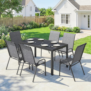 Conjunto de Mesa y Sillas Jardín de 7 Piezas, Muebles Jardín Exterior con Mesa Metálica Efecto Madera con Agujero, 6 Sillas Apilables Transpirables, Marco de Acero Resistente, Gris Mixto