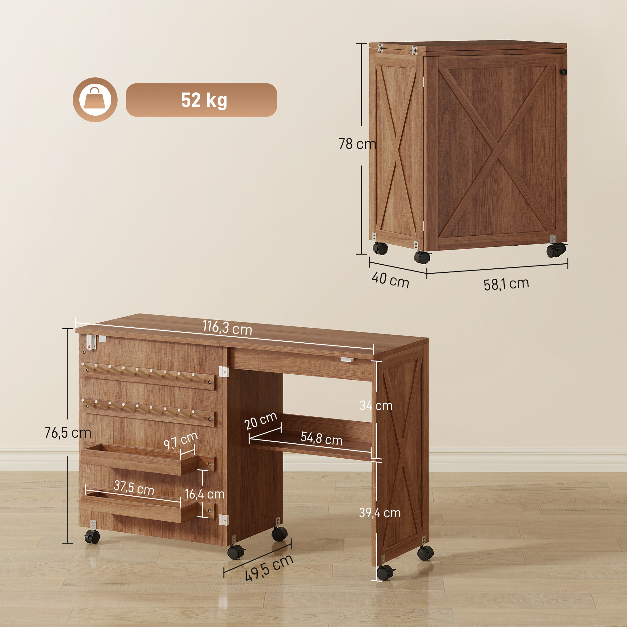 Table de couture pliable mobile 2 bacs 18 porte-bobines étagère bois