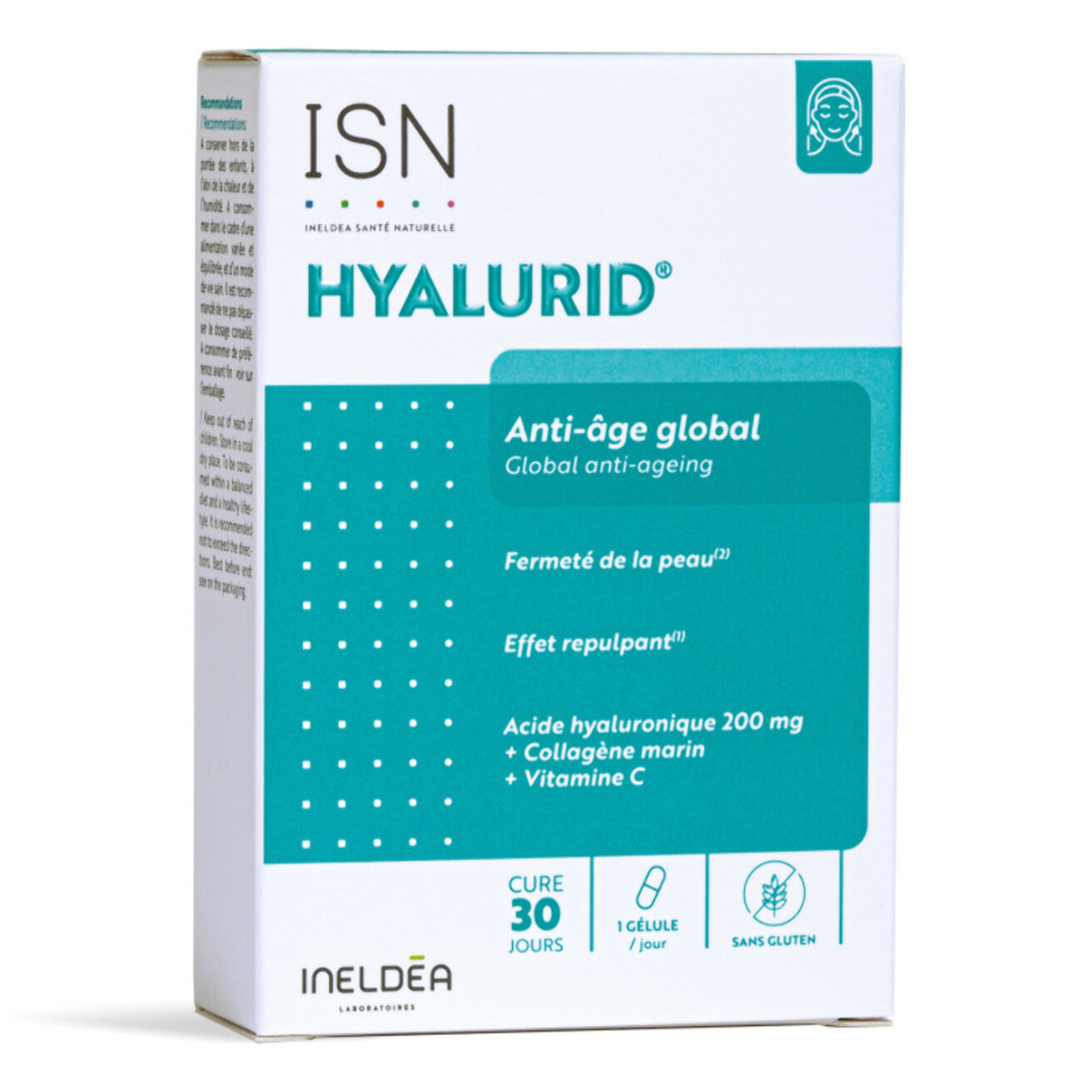 ISN - Hyalurid - Action anti-âge globale - Préserve la beauté et la jeunesse de la peau - Fermeté & élasticité - Effet repulpant - Acide Hyaluronique, Collagène marin, Vitamine C - Cure 30 jours