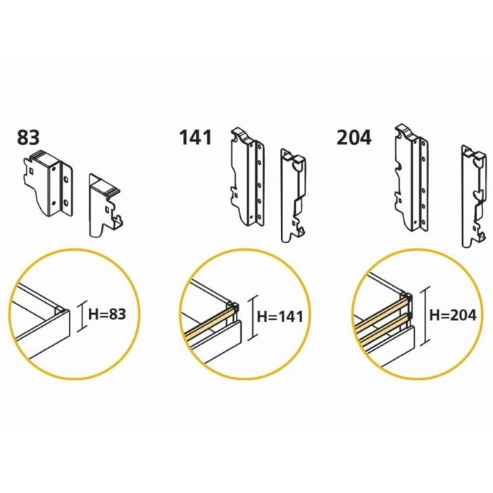 Fixations pour côté - hauteur 141 mm - finition alu - pour tiroir 1 réhausse - 3006625