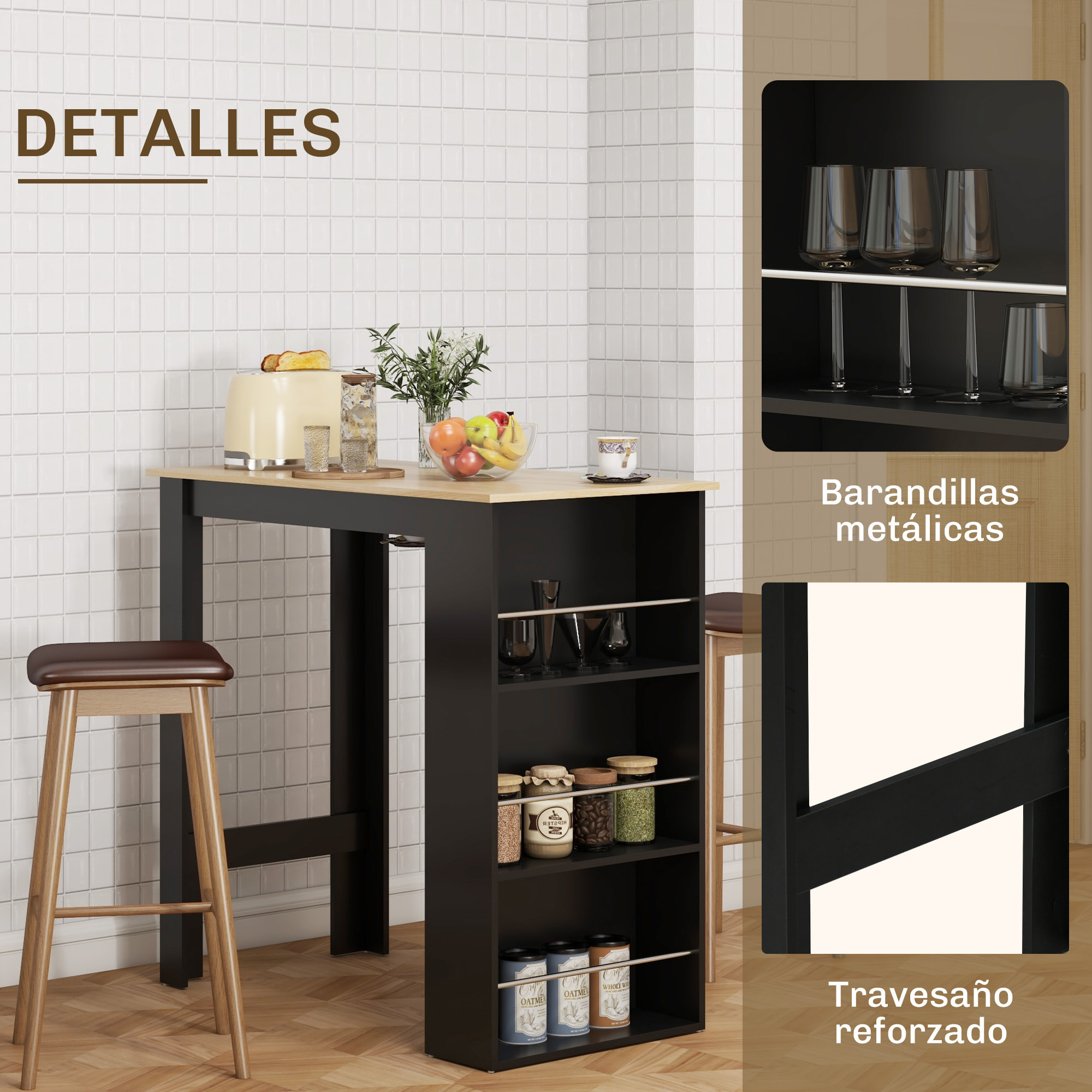Mesa Alta de Bar, Mesa de Cocina con 3 Estantes Laterales, Estilo Moderno, para Comedor, Salón, 112x57x106 cm, Negro y Natural