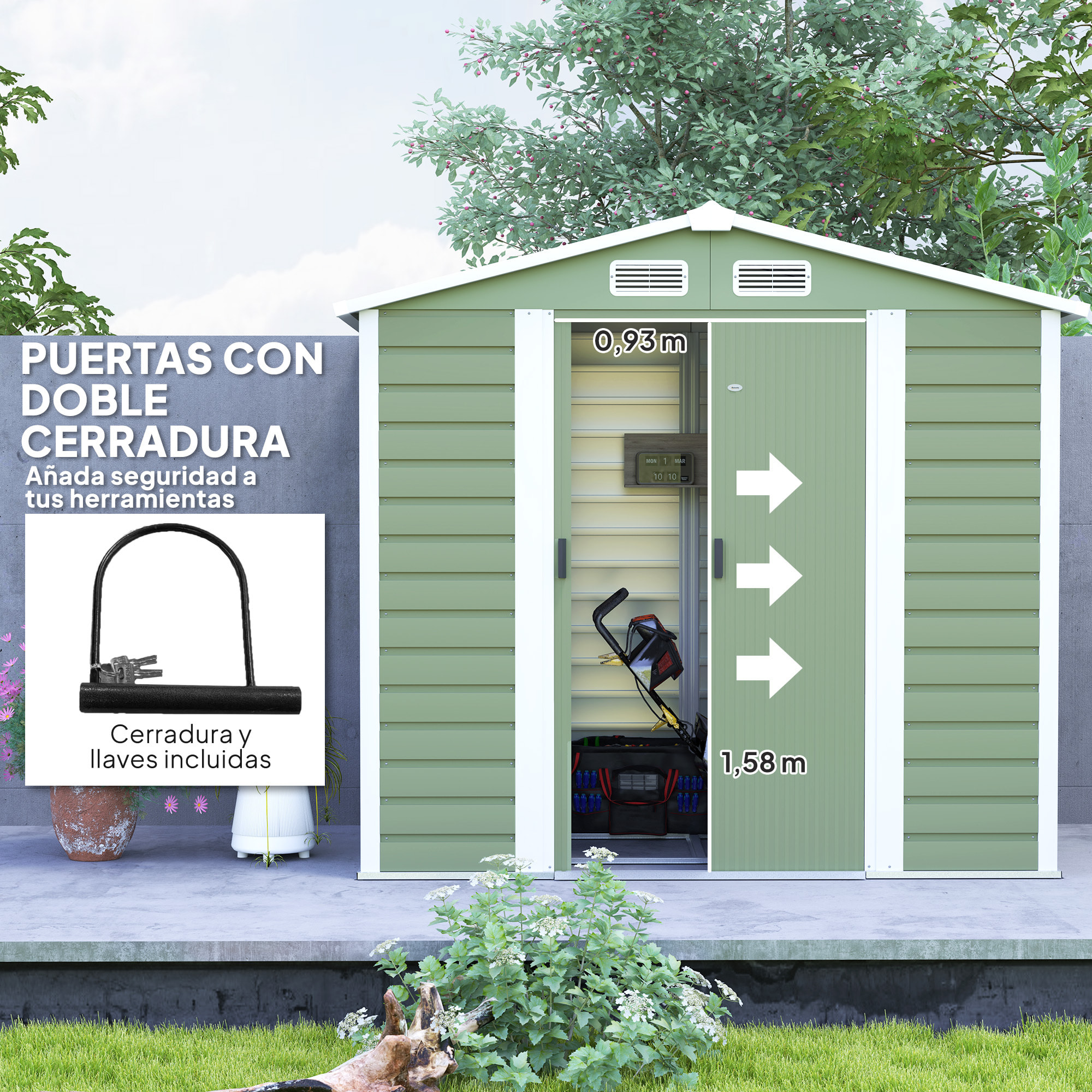 Caseta de Jardín Exterior 2,36m² 213x120x194 cm Cobertizo de Jardín Exterior con Base Refuerzo (Suelo NO Incluido) Puertas Correderas Dobles Candado Ventanas Verde Claro