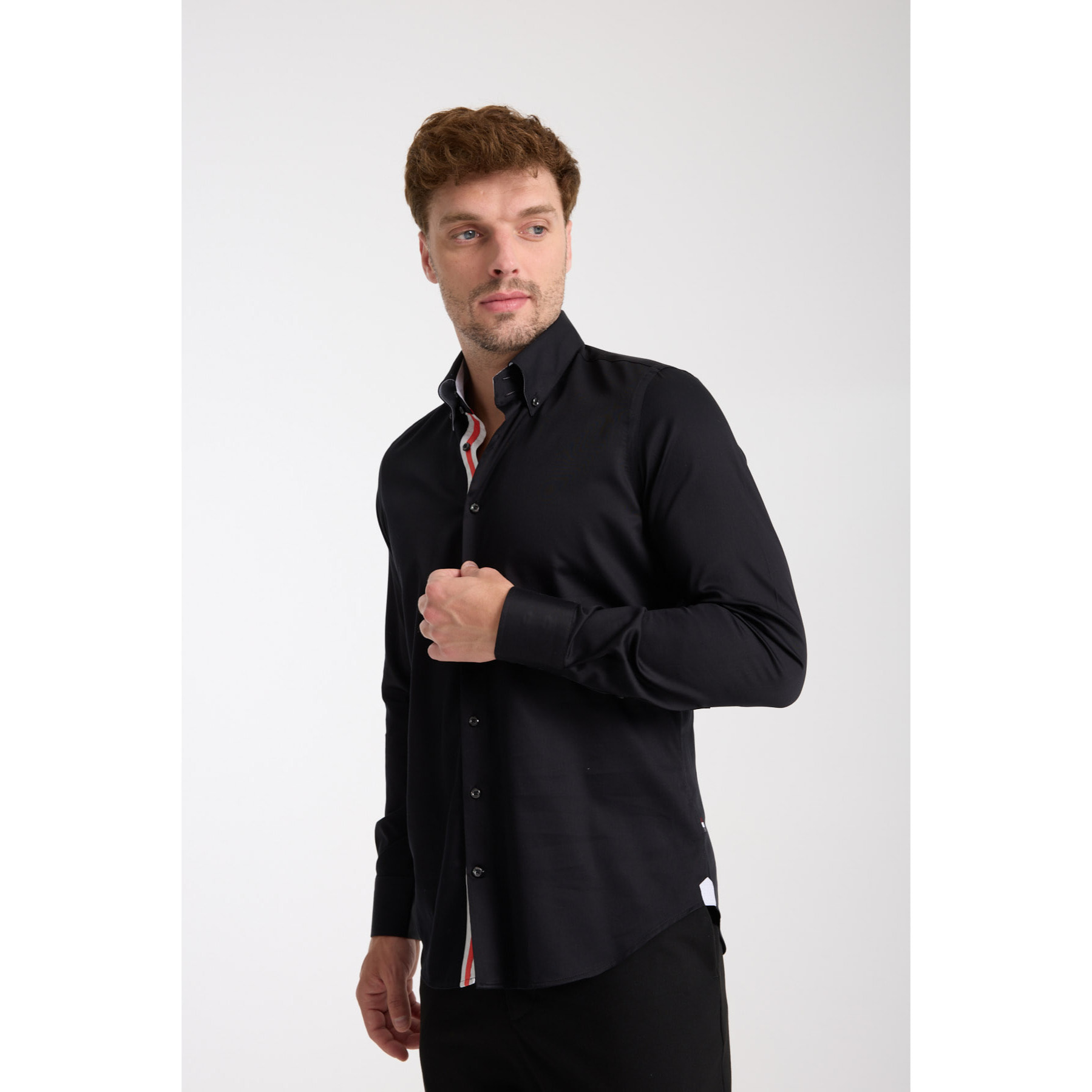 Camicia Uomo 2 Bottoni Button Down Slim Satin Unito Nero