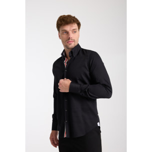 Camicia Uomo 2 Bottoni Button Down Slim Satin Unito Nero