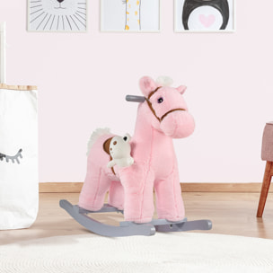 Caballito Balancín con Felpa con Osito de Peluche para Niños 18-36 Meses Caballo Mecedora Sonidos de Relincho y Galope Base de Madera Asiento 35 cm Carga 30 kg 65x26x55 cm Rosa