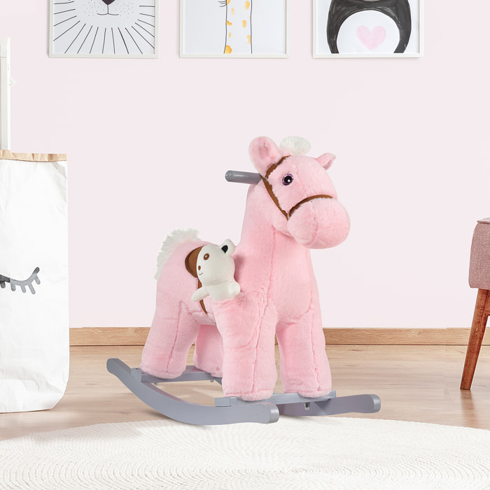 Caballito Balancín con Felpa con Osito de Peluche para Niños 18-36 Meses Caballo Mecedora Sonidos de Relincho y Galope Base de Madera Asiento 35 cm Carga 30 kg 65x26x55 cm Rosa