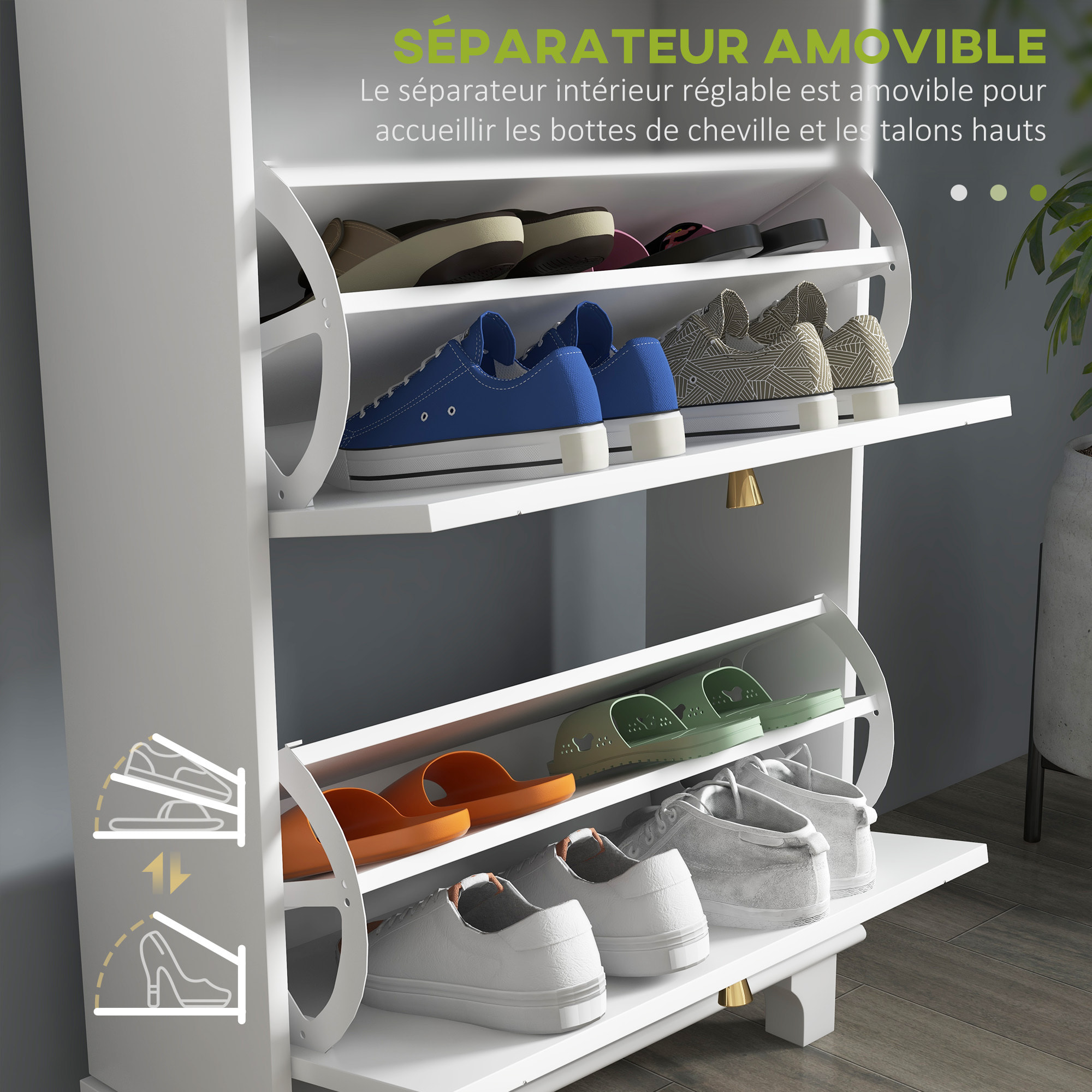 Meuble à chaussures design - tiroir, 2 portes abattantes - dim. 60 x 23,5 x 98 cm - poignées métal doré blanc