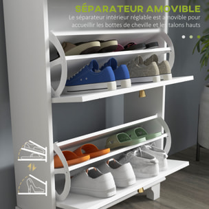 Meuble à chaussures design - tiroir, 2 portes abattantes - dim. 60 x 23,5 x 98 cm - poignées métal doré blanc