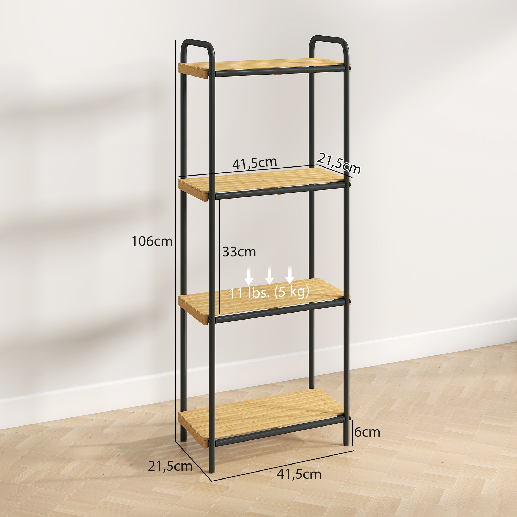 Étagère salle de bain bambou, 4 niveaux, étagère de rangement étroite autoportante cadre en acier pour salon, salle à manger, balcon, cuisine, 41,5 x 21,5 x 106 cm, noir et effet bois naturel