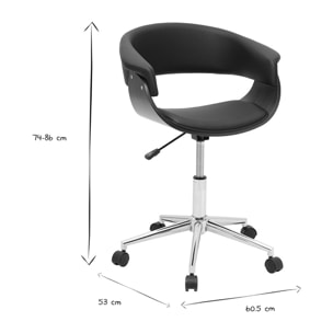 Chaise de bureau à roulettes design noire, bois foncé et acier chromé OKTAV