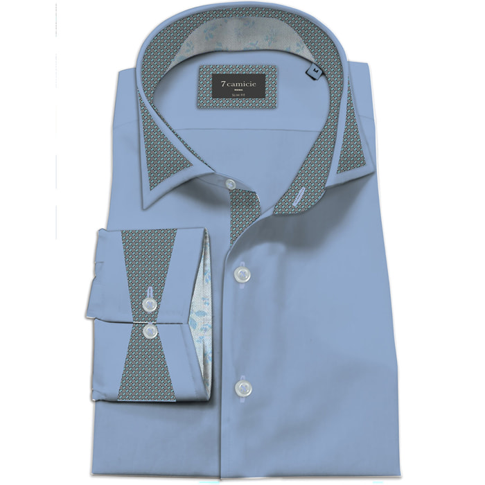 Camicia Uomo Italiano Slim Satin Unito Celeste