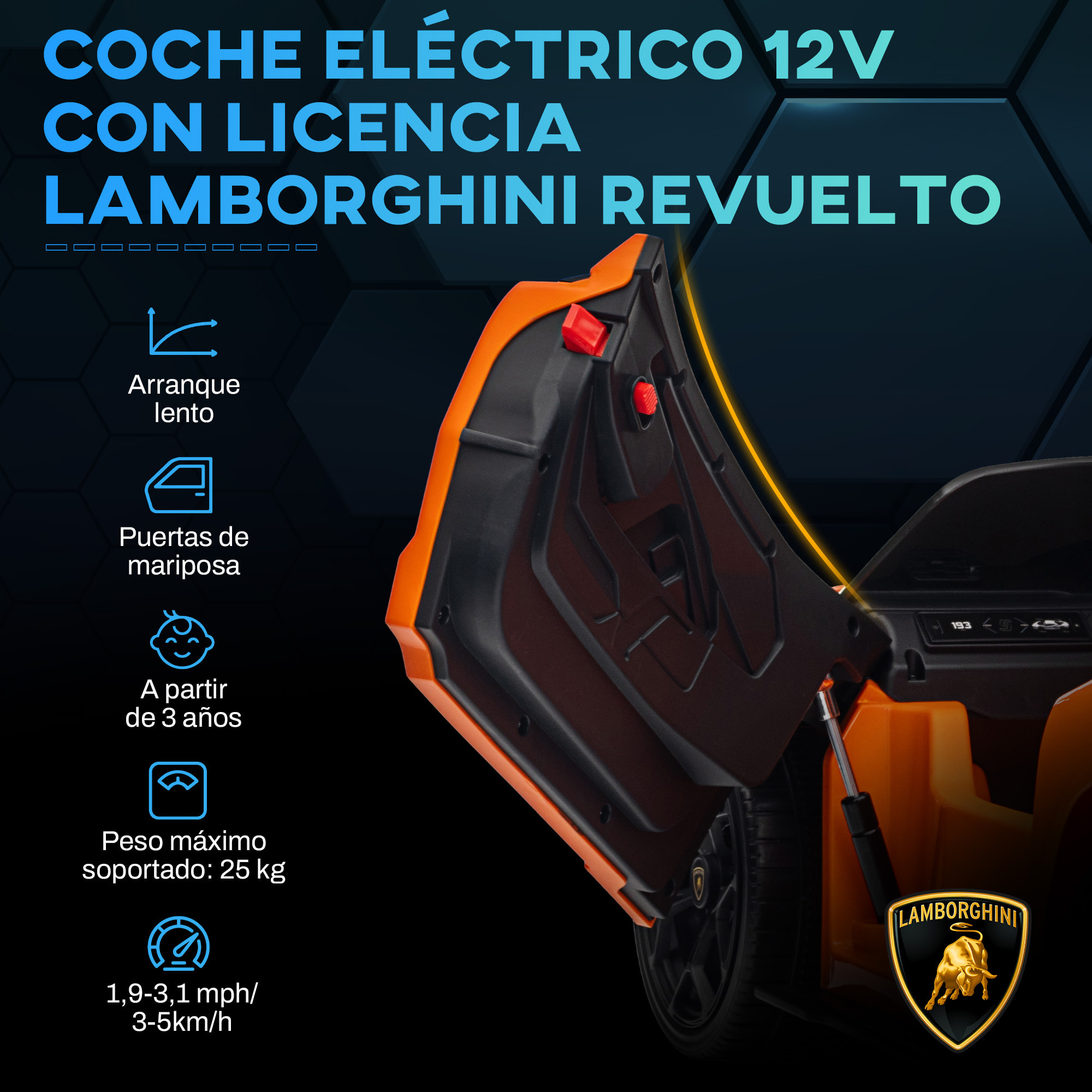 Coche Eléctrico para Niños de +3 Años Lamborghini Revuelto Carro Eléctrico Infantil con Batería 12V Mando a Distancia Faros LED Bocina Música y Ruedas Auxiliares Naranja