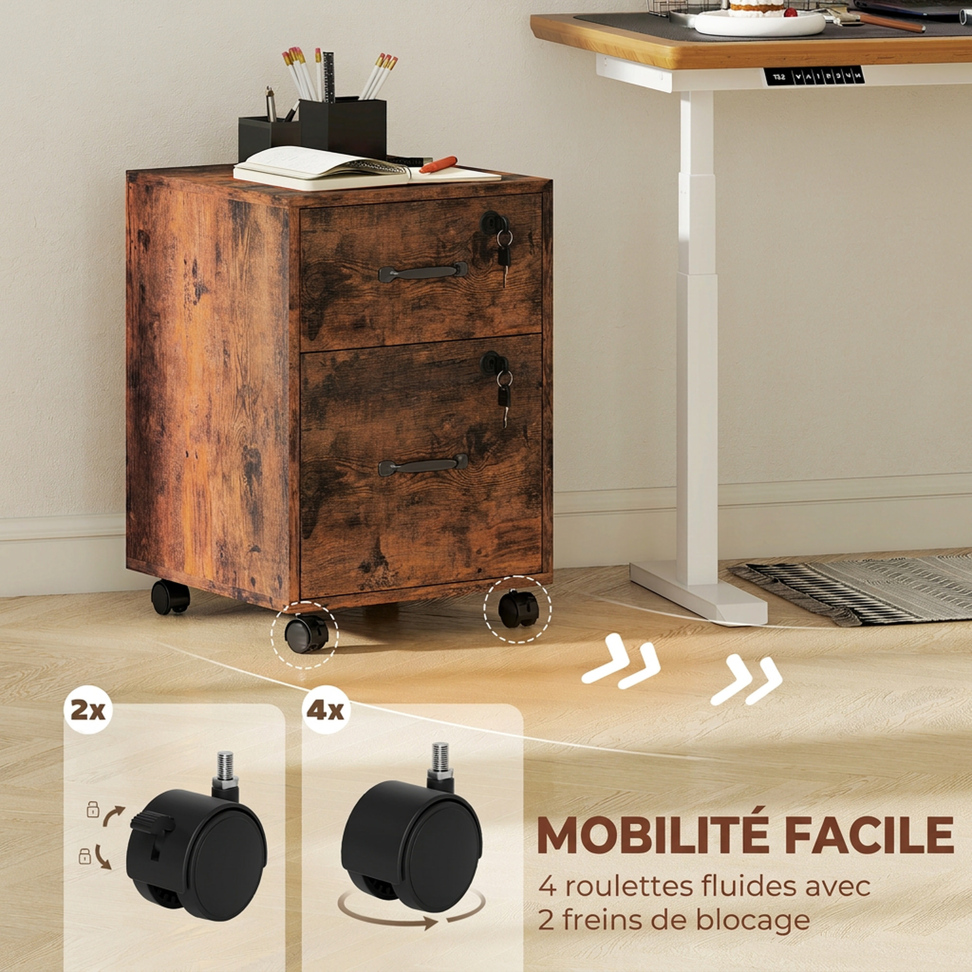 Caisson bureau verrouillable mobile 2 tiroirs coulissants trieur dossiers effet bois