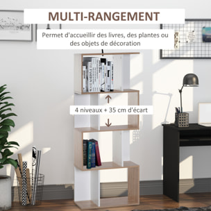 Bibliothèque étagère meuble de rangement design contemporain en S 4 étagères 60L x 24l x 148H cm chêne blanc