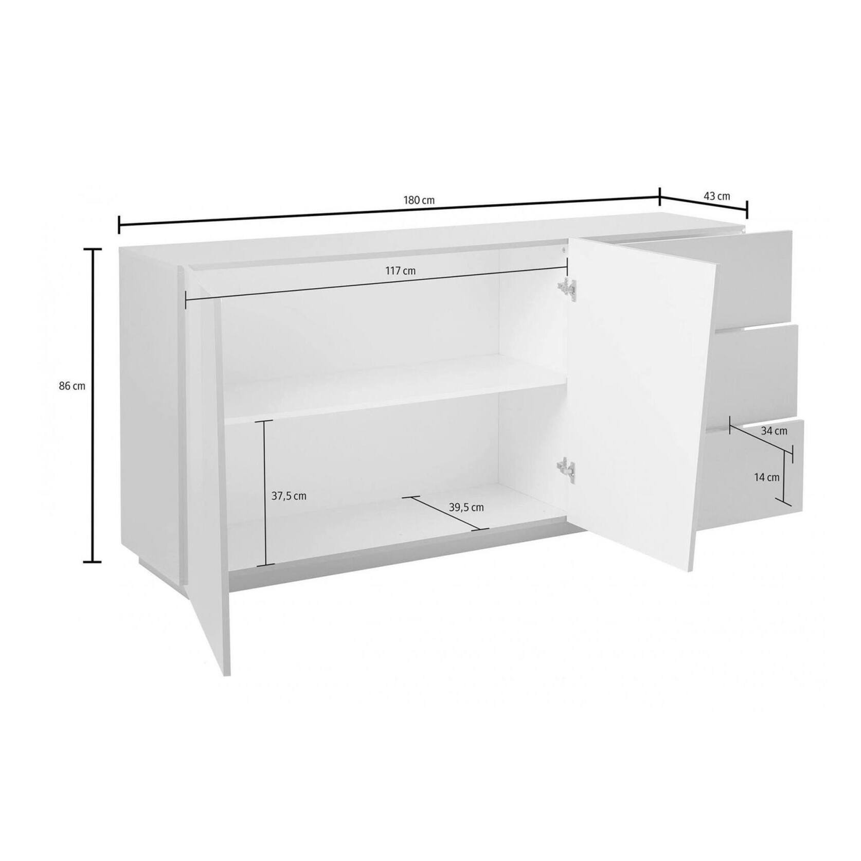 Credenza moderna a 2 ante e 3 cassetti, Made in Italy, Madia da cucina, Buffet di design da soggiorno, cm 180x43h86, colore Bianco lucido