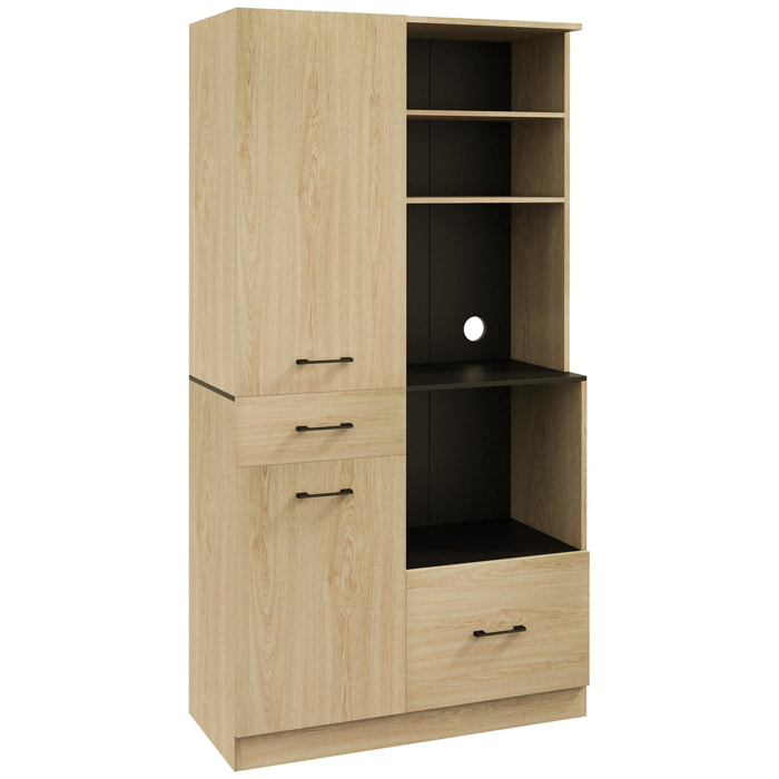 Buffet haut multi-rangement 2 portes 3 étagères 2 tiroirs 4 niches panneaux noir aspect chêne clair