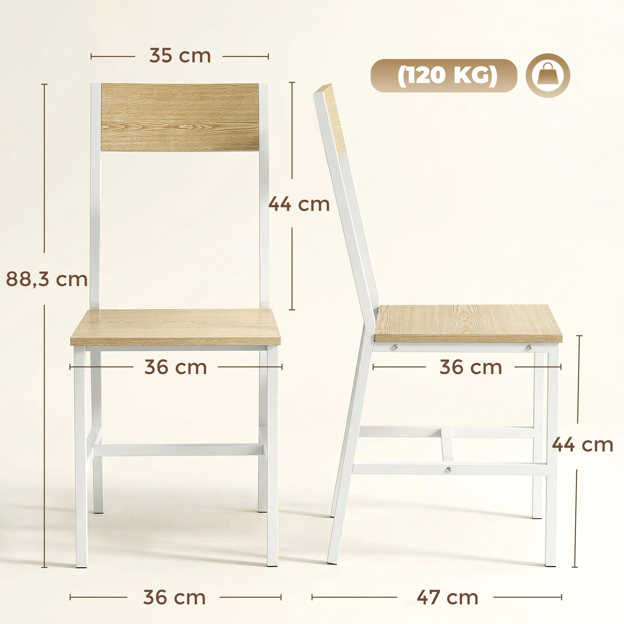 Pack de 2 Sillas de Comedor, Sillas de Cocina Modernas, con Respaldo Inclinado, Marco Metálico, para Salón, Sala de Estar, Natural