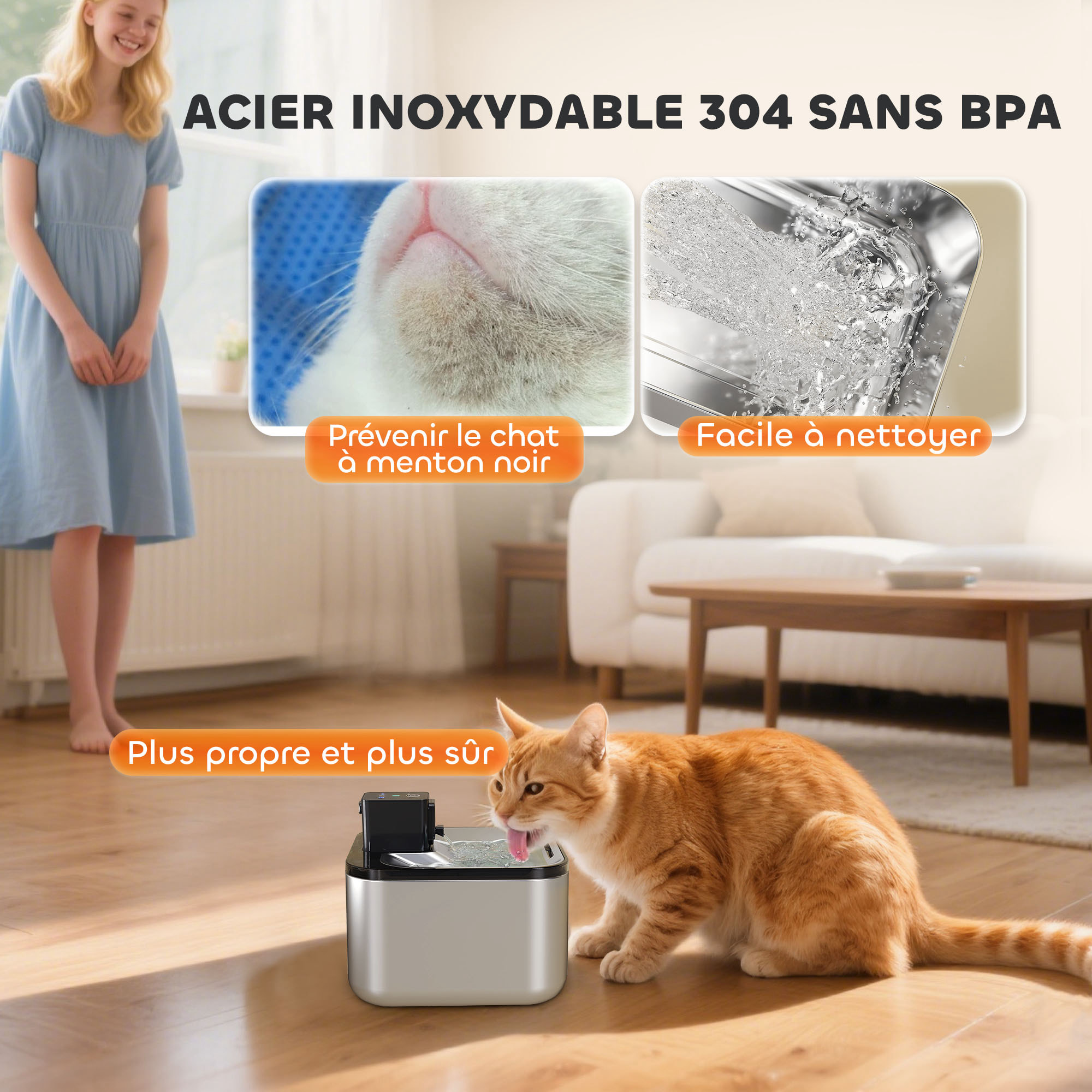 Fontaine à eau pour chat 4,2L filtration 3 étapes charge USB câble + nombreux accessoires inclus acier inox