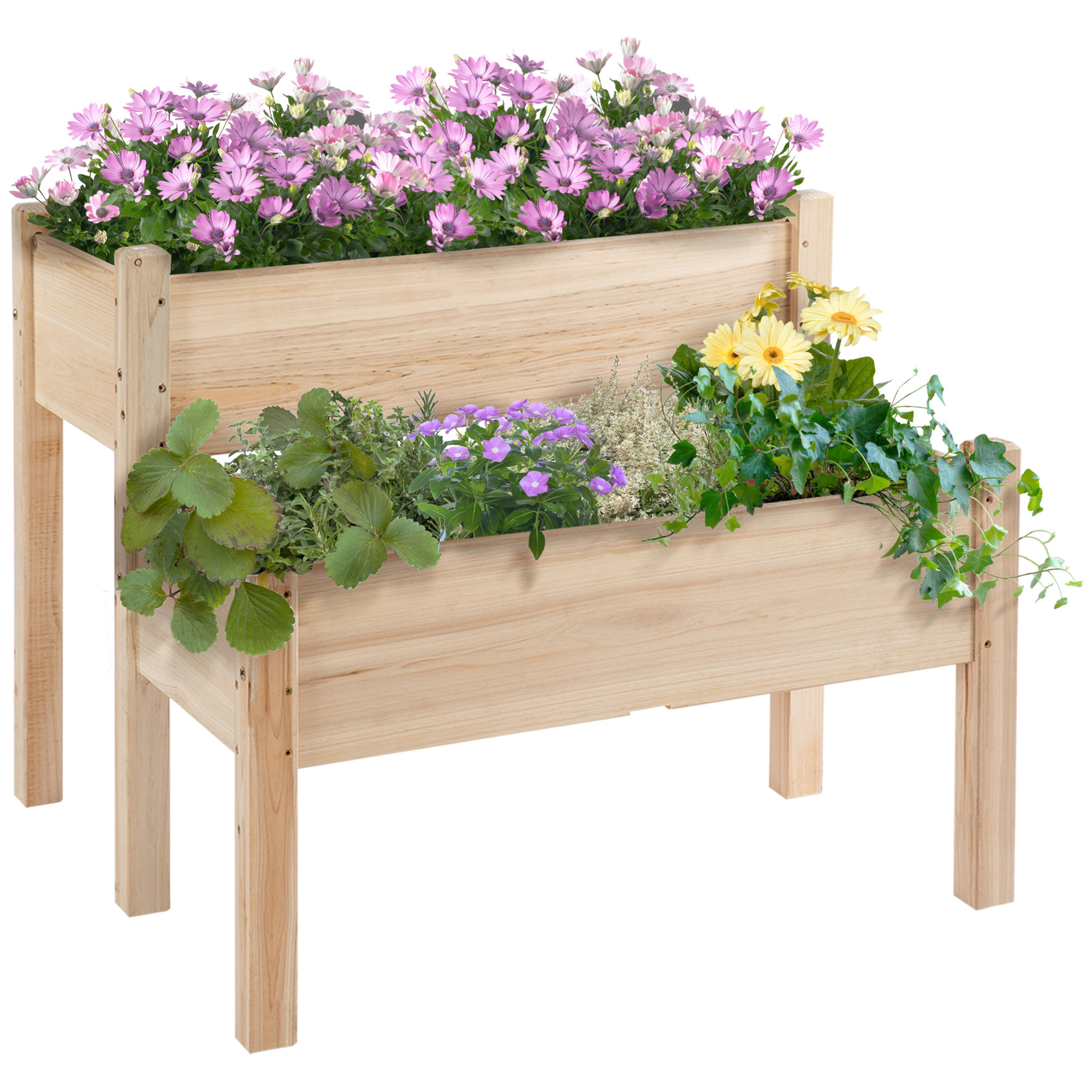 Mesa de Cultivo Huerto Urbano Elevado de Madera de 2 Niveles Mesa de Jardinera para Cultivo Plantas Flores Verduras 86x85x72 cm Madera Natural