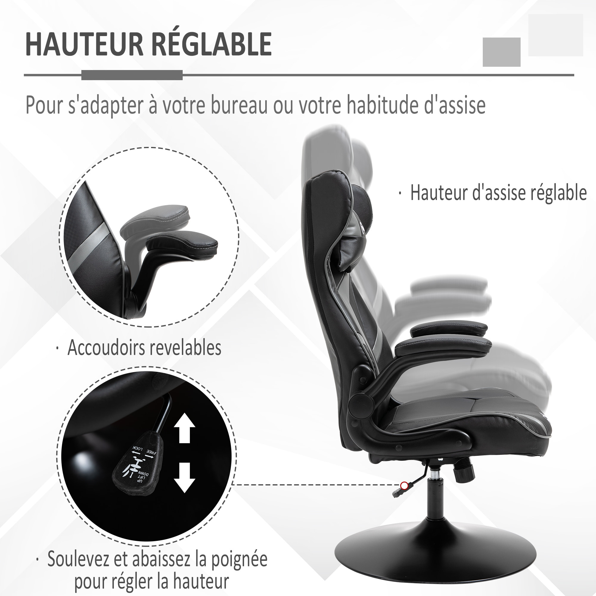 Fauteuil gaming base ronde métal pivotante 360° hauteur réglable tétière accoudoirs relevables PVC gris noir