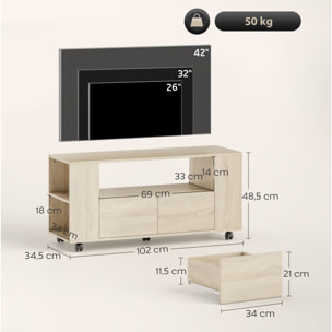 Mueble de TV con Ruedas, Mesa de TV Móvil, Mueble para Televisión hasta 42 Pulgadas, con 2 Cajones, Estantes Ajustables, para Salón, Comedor, Dormitorio, Madera Natural