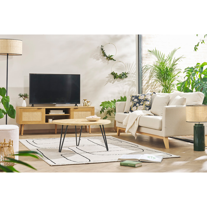 Canapé scandinave déhoussable 3 places en tissu effet velours texturé taupe et bois clair OSLO