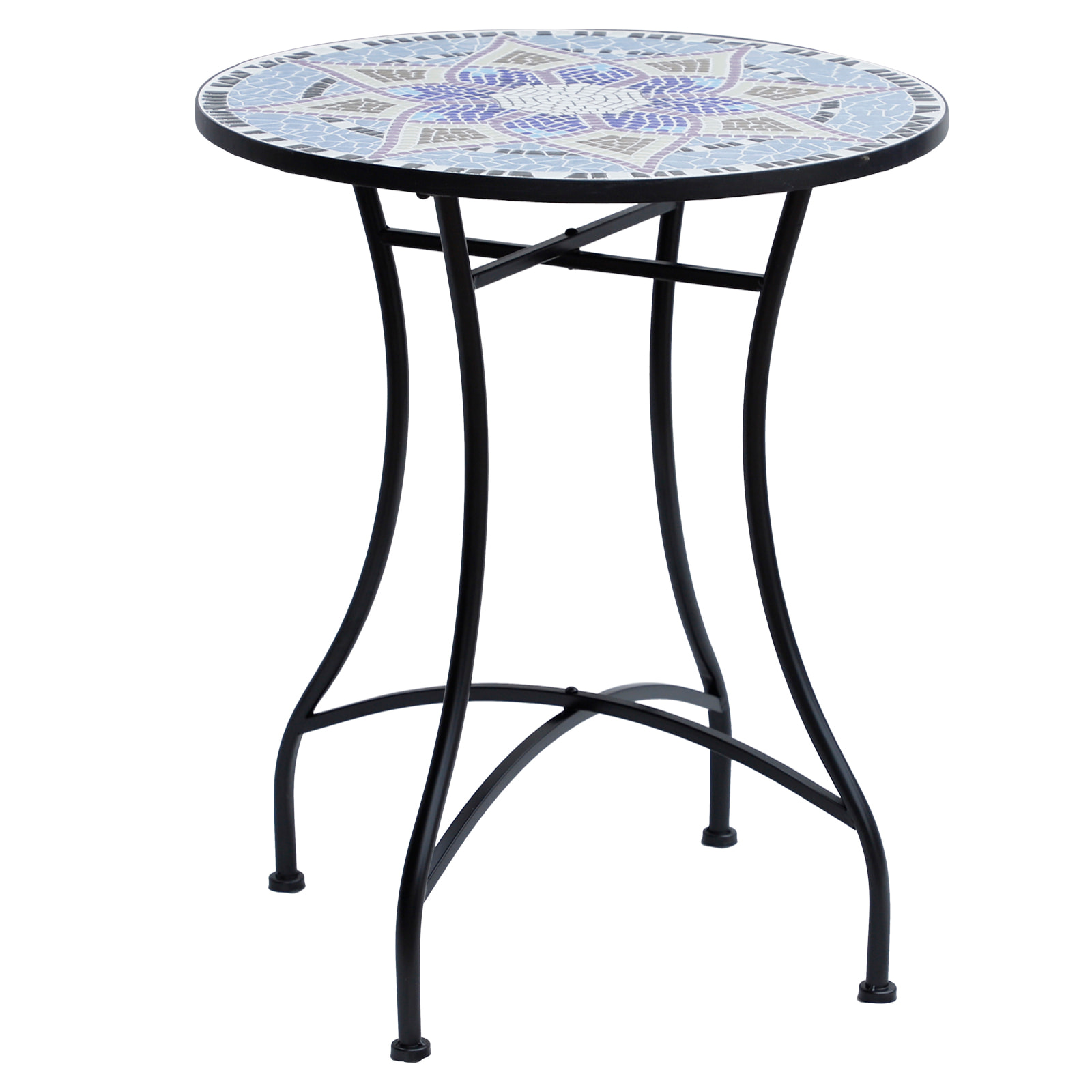 Mesa de Jardín Redonda Mesa de Terraza Exterior Ø60x71 cm con Encimera de Mosaico Decorativo Carga 100 kg Mesa para Exterior Patio Azul y Blanco