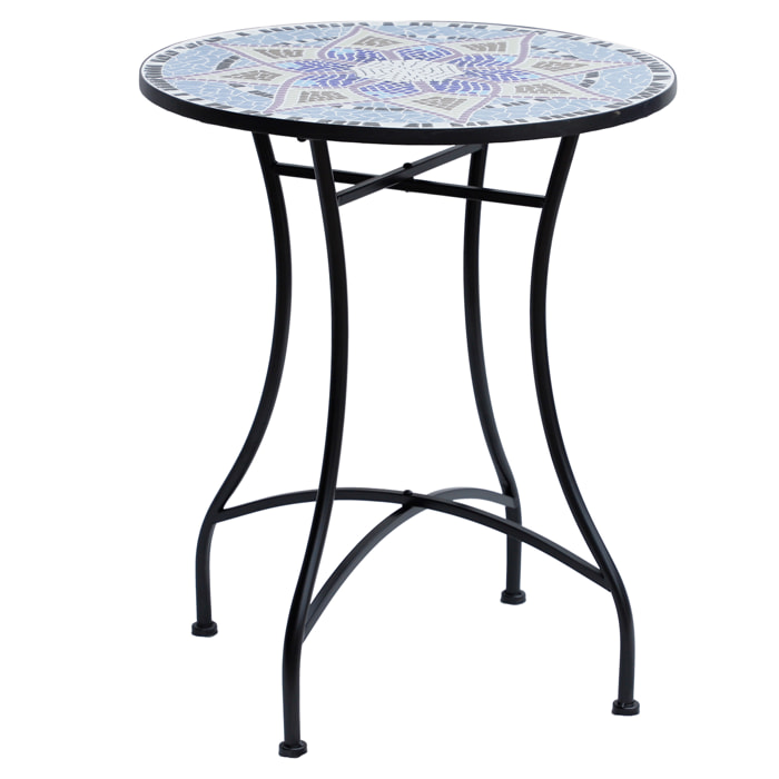 Mesa de Jardín Redonda Mesa de Terraza Exterior Ø60x71 cm con Encimera de Mosaico Decorativo Carga 100 kg Mesa para Exterior Patio Azul y Blanco