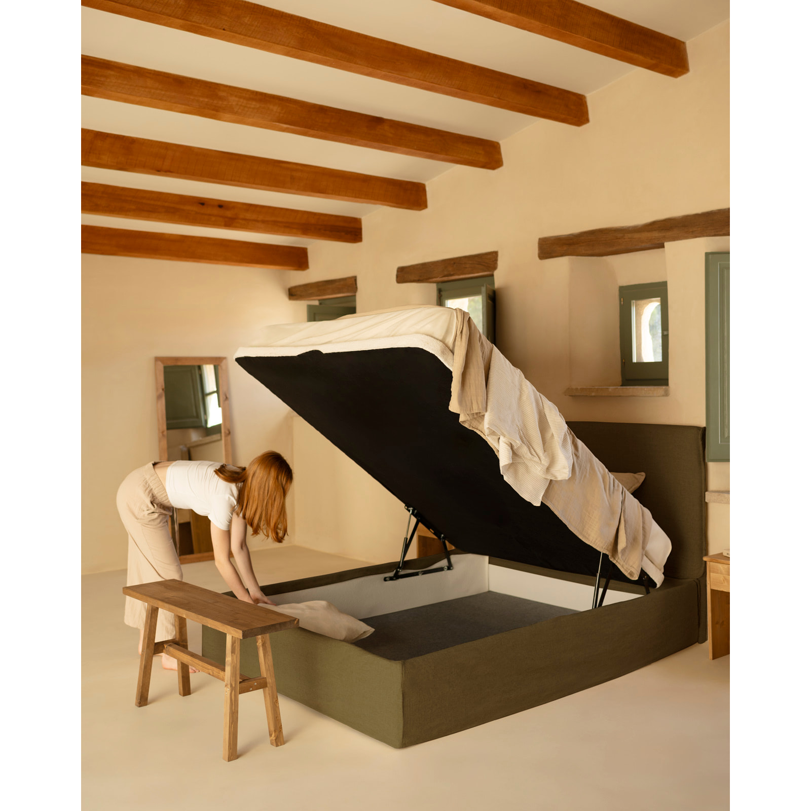 Cama con canapé desenfundable de lino verde para colchón de varias medidas