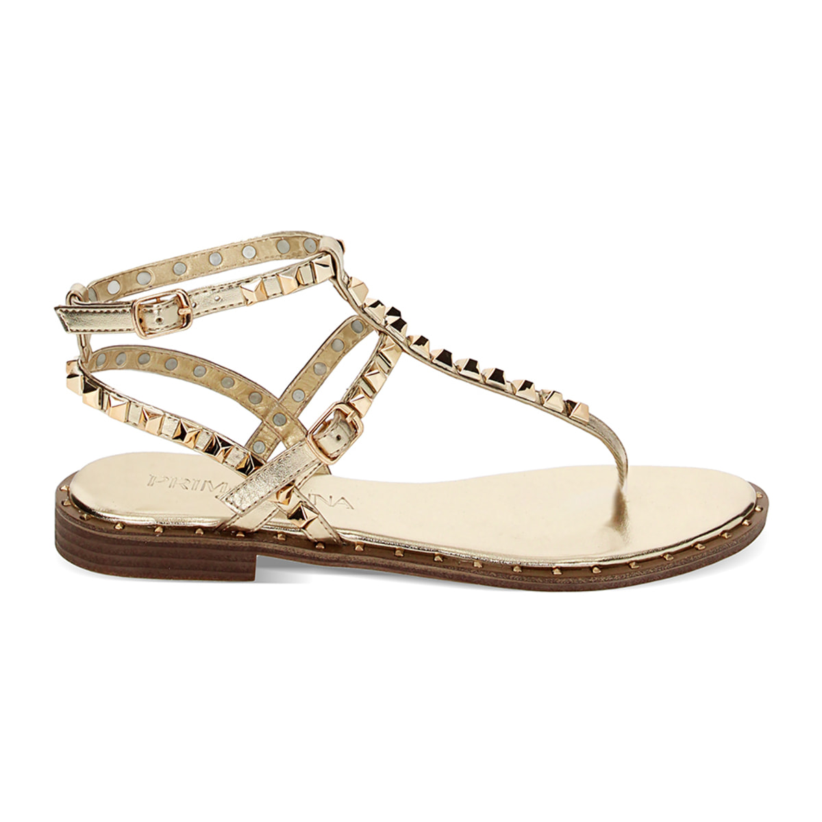 Sandalias planas doradas en laminado