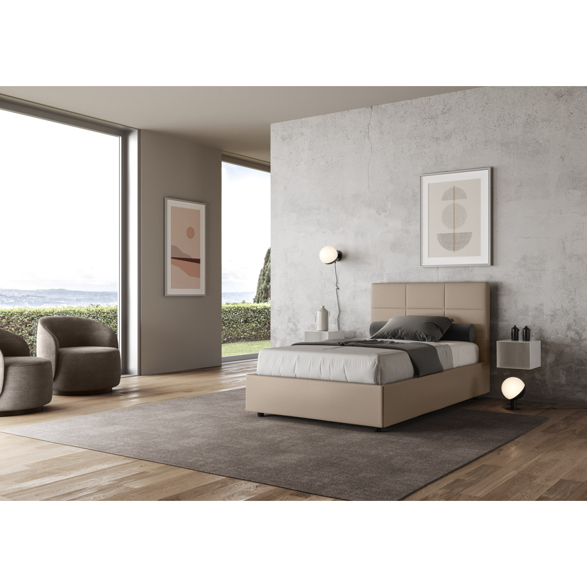 Cama con somier acolchada 120x200 cuero sintético gris paloma Mika