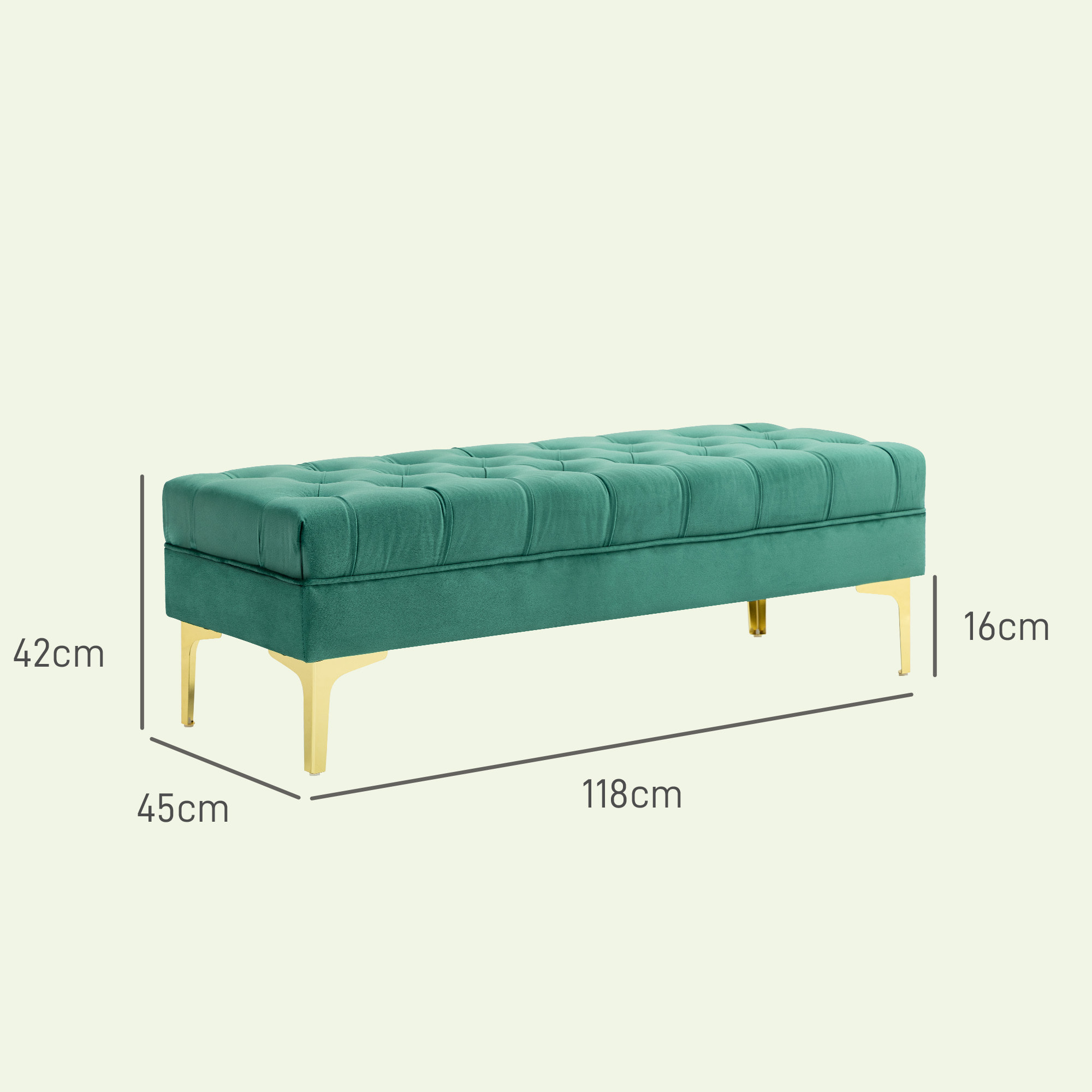 Banc banquette capitonnée style classique chic dim. 118L x 45l x 42H cm piètement métal doré velours vert