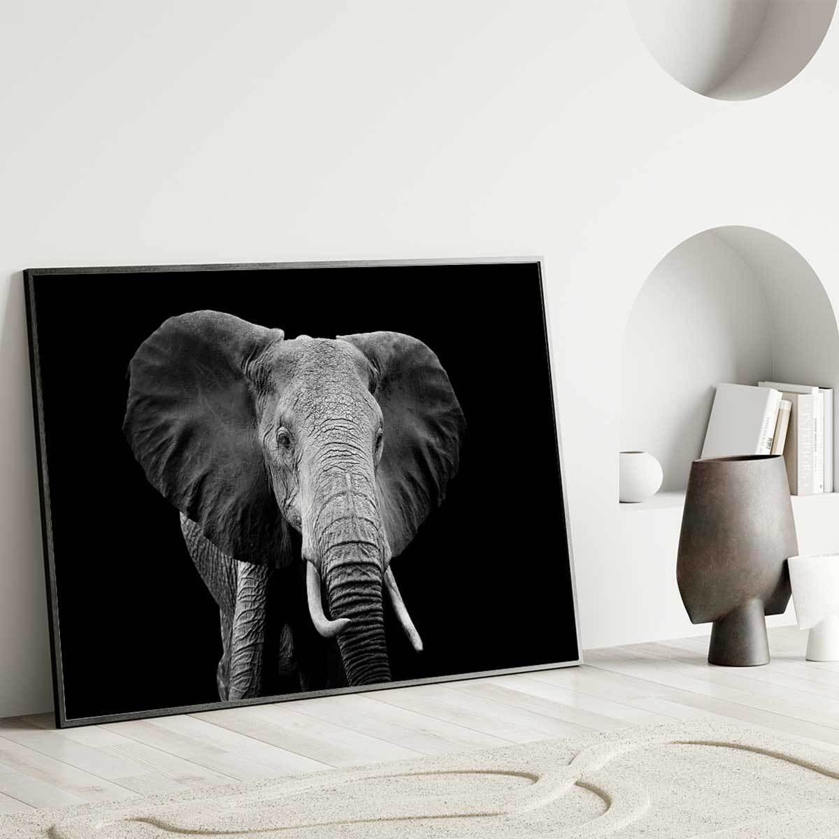 Affiche encadrée éléphant en noir et blanc Affiche + cadre en métal - Noir