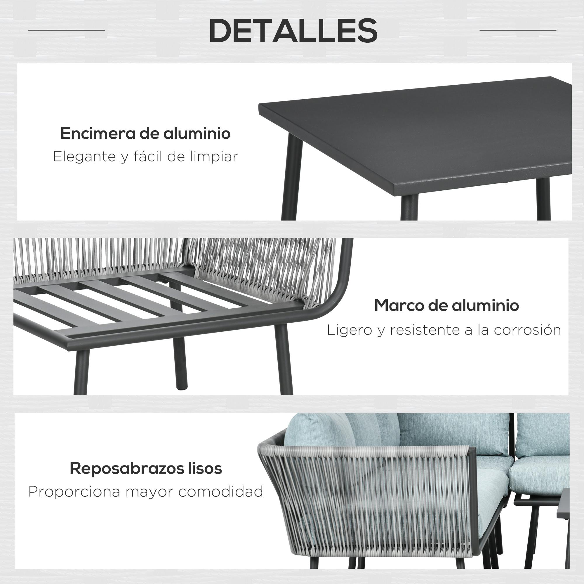 Conjunto de Muebles de Ratán 4 Piezas Set de Muebles de Jardín 2 Sofá de 2 Plazas Sofá de Esquina Mesa de Centro con 6 Cojines Acolchados y Marco de Aluminio para Terraza Patio Gris