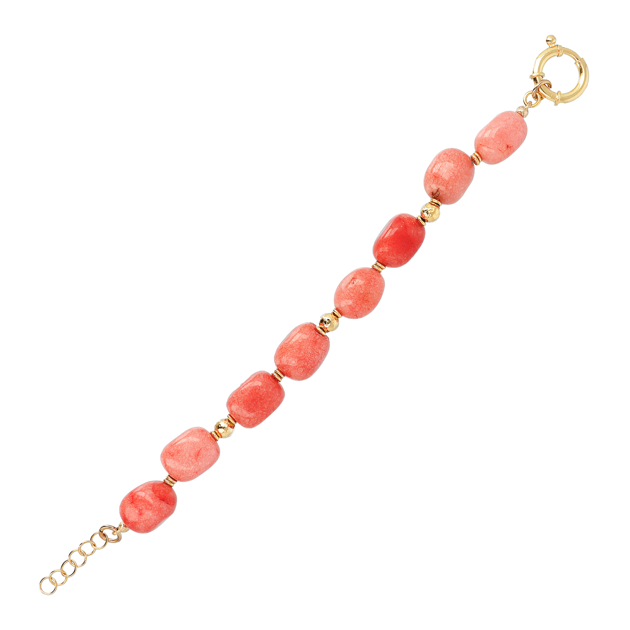 Bracciale in Argento 925 Placcato Oro Giallo 18kt con Sfere Martellate e Pietre Naturali Quarzi Rosa