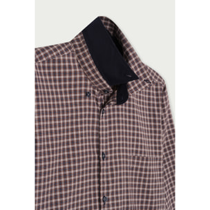 Camicia Uomo 1 Bottone Button Down Slim Cotone Poliestere Quadro Medio Blu/Grigio Scuro