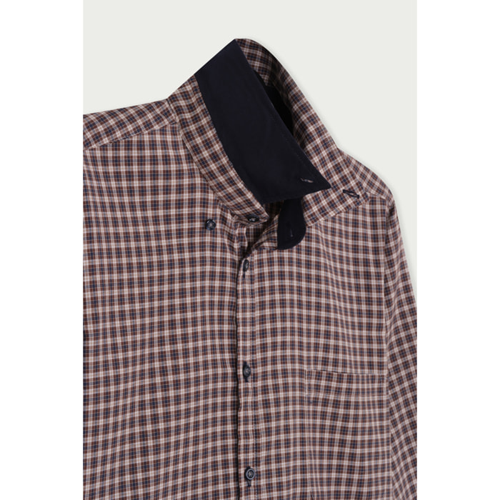 Camicia Uomo 1 Bottone Button Down Slim Cotone Poliestere Quadro Medio Blu/Grigio Scuro