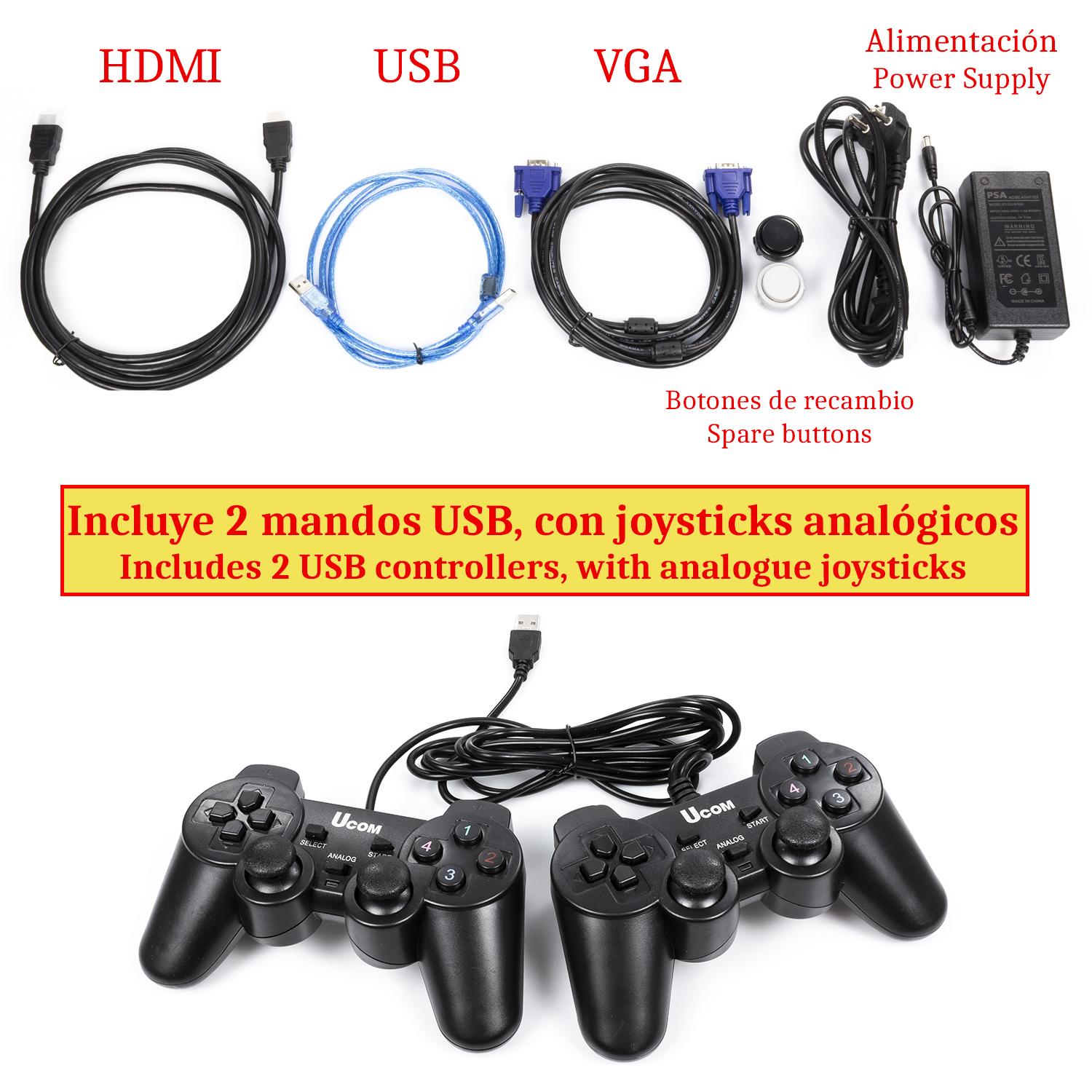 Pandoras Box 12. Consola arcade clásica, tipo máquina recreativa, con 3188 juegos clásicos instalados. Conexiones HDMI y VGA y salida USB. Incluye 2 mandos analógicos con conexión USB.