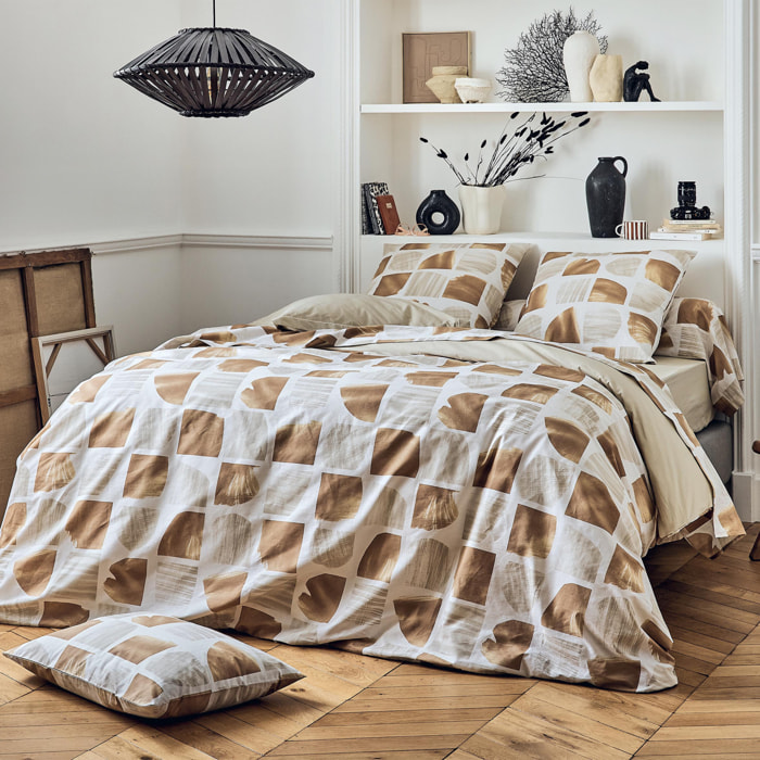 Parure de lit 2 pièces coton graphique housse + taie - Marron Clair
