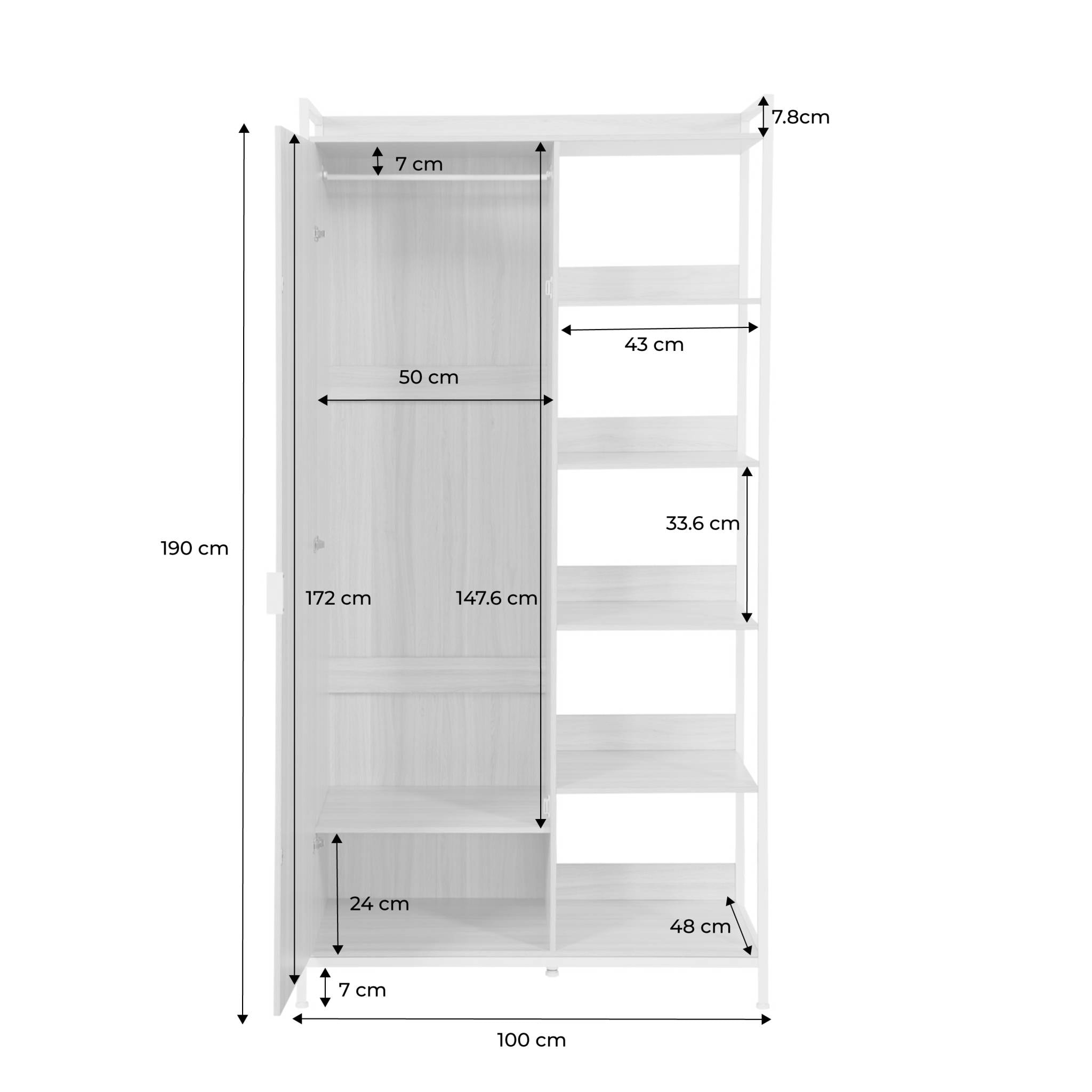 Module dressing blanc avec 1 penderie. 6 étagères et 1 porte. L 100 x P 48 x H 190 cm