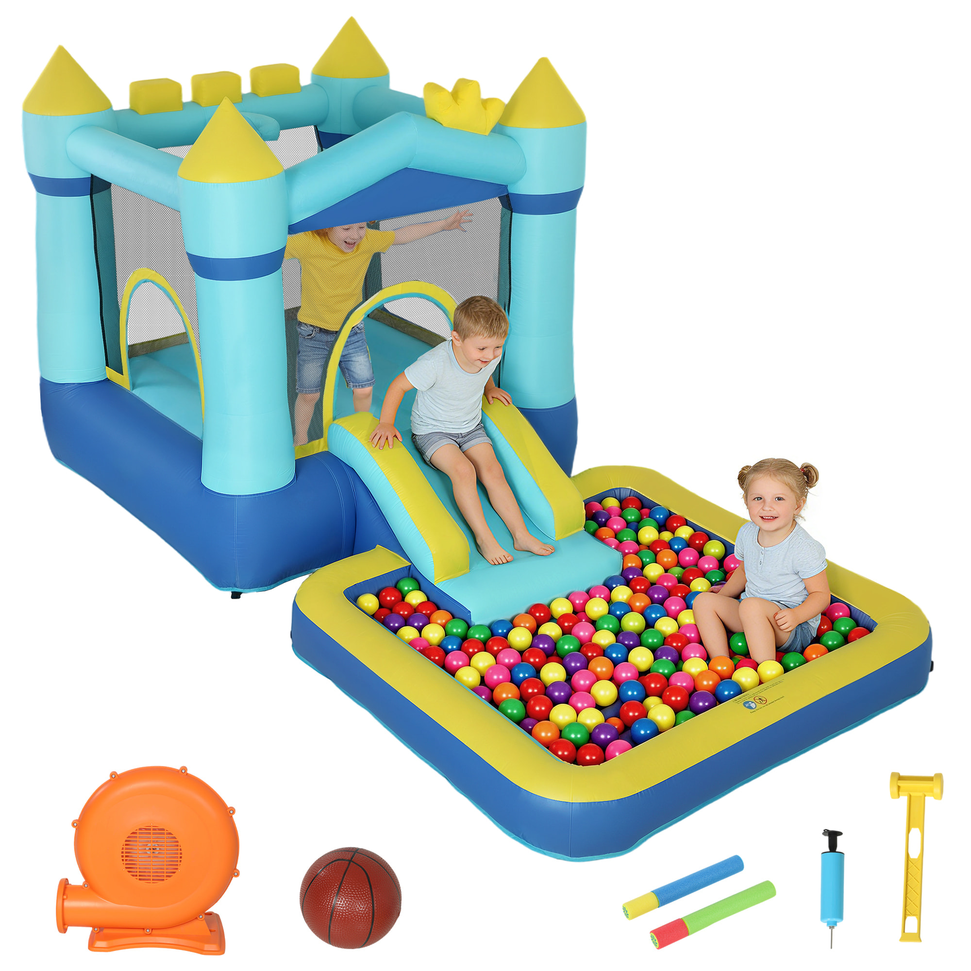 Castillo Hinchable para Niños con Soplador, Castillo Hinchable con Tobogán, Cama Elástica, Piscina y Aro de Baloncesto, para Niños 3-8 Años, Interior y Exterior, 364x173x182 cm, Azul