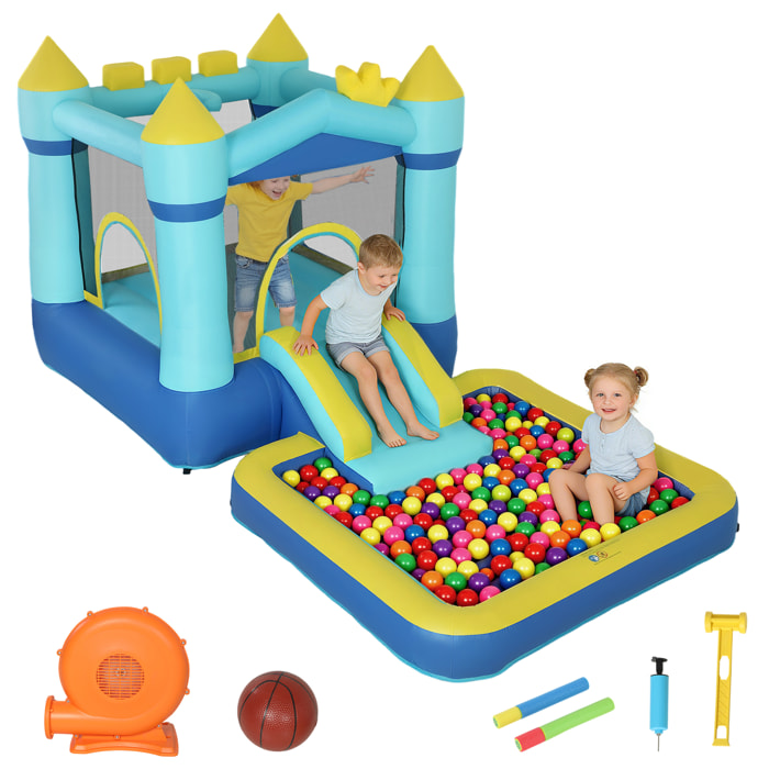 Castillo Hinchable para Niños con Soplador, Castillo Hinchable con Tobogán, Cama Elástica, Piscina y Aro de Baloncesto, para Niños 3-8 Años, Interior y Exterior, 364x173x182 cm, Azul