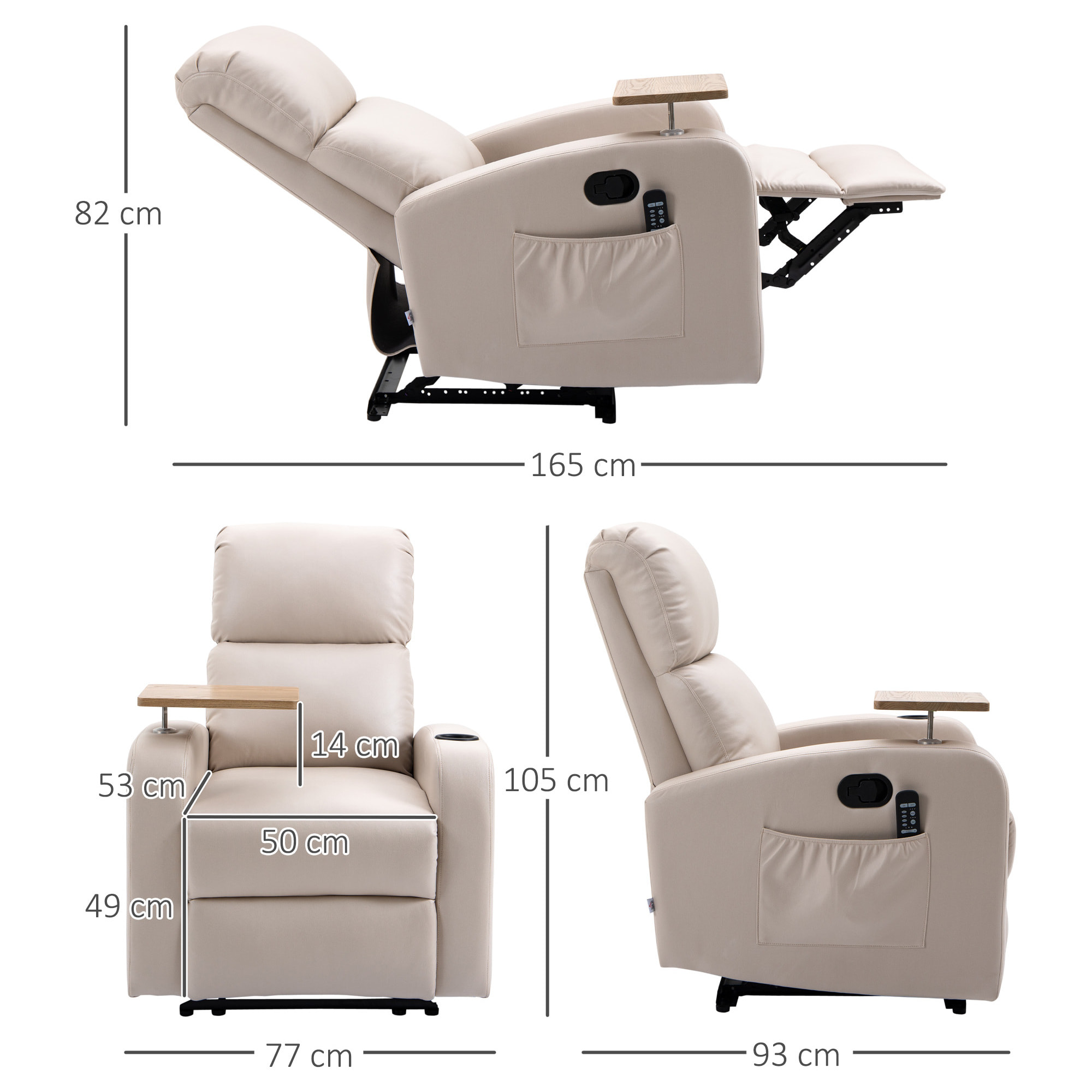 Fauteuil de massage électrique inclinable avec repose-pied télécommande revêtement synthétique tissu 77I x 93P x 105H cm beige