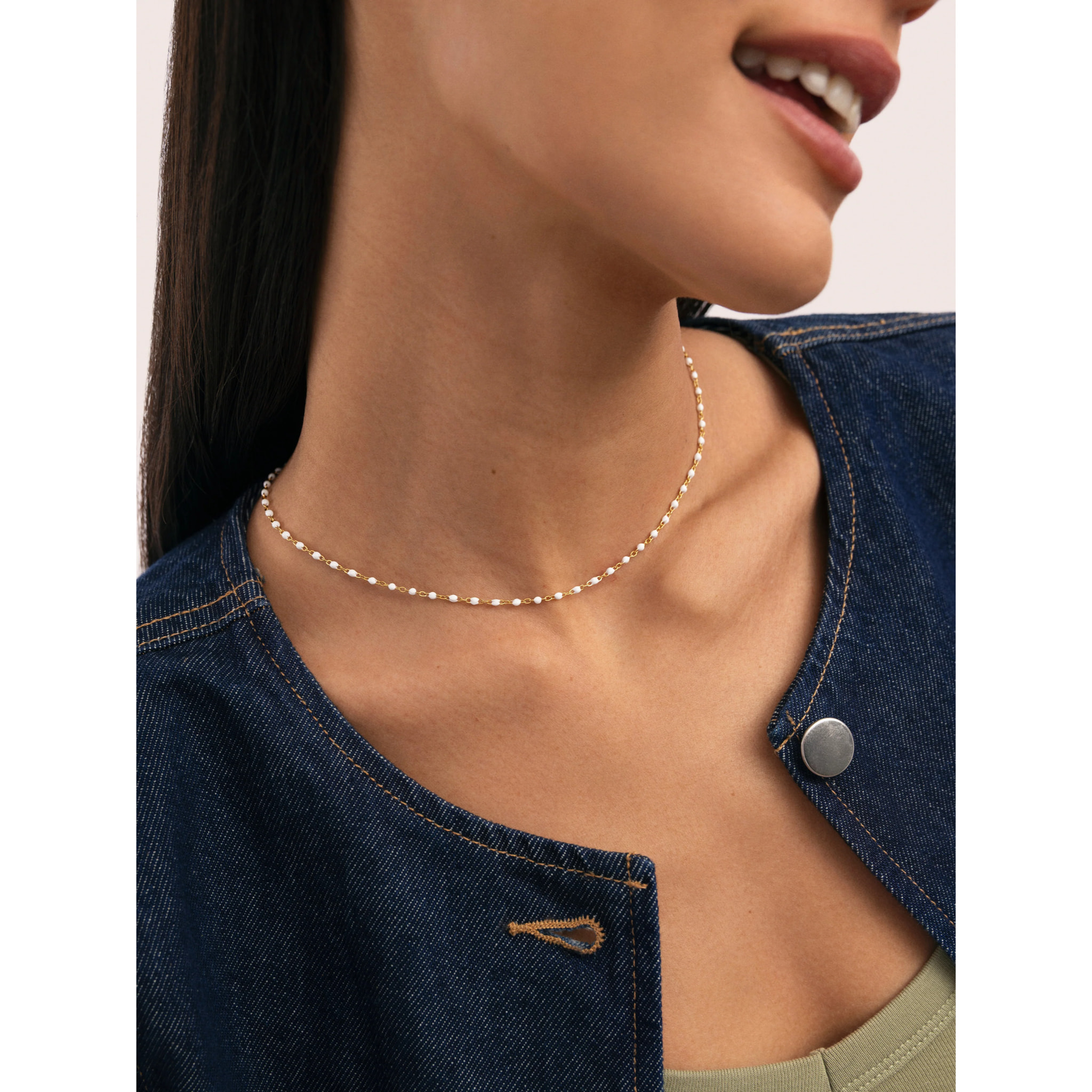 Collar Dots Enamel Blanco Acero Baño Oro