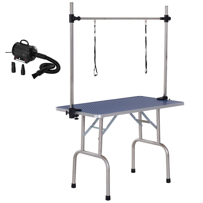 Conjunto para Mascotas Juego de Secador de Pelo para Perros 2800W y Mesa de Peluquería para Mascotas Plegable con Altura Ajustable 40x16x20 cm 107x60x170 cm Negro y Azul