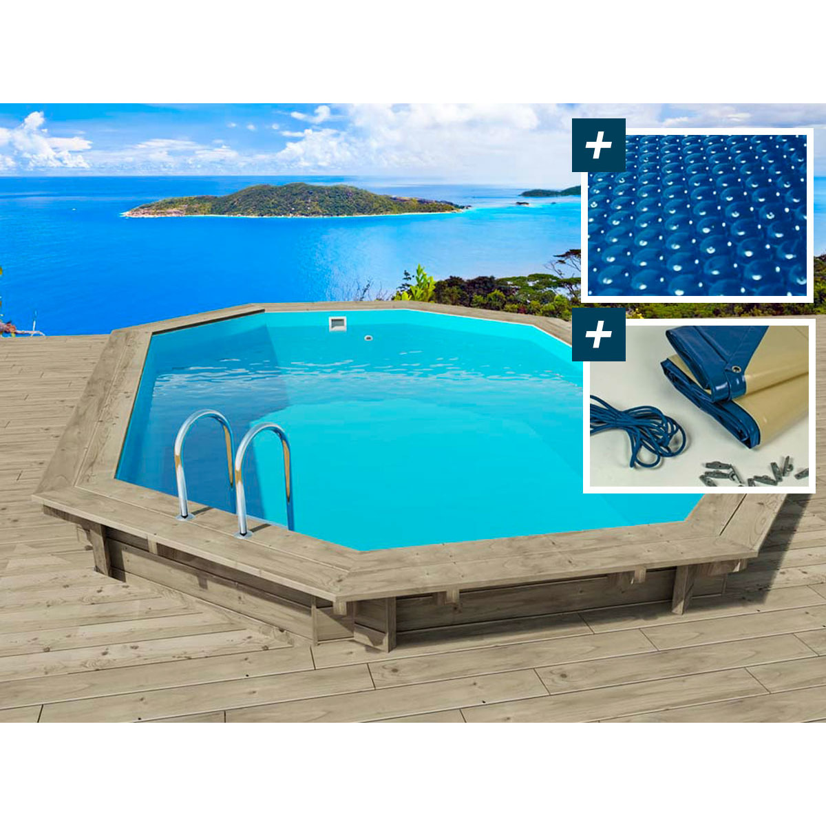 Piscine bois " Miami 120 " - 4.86 x 3.36 x 1.20 m + Bâche à bulles 180 µ + Bâche hiver 280 gr/m²