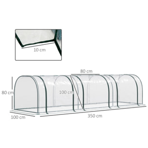 Serre de jardin tunnel 3,5L x 1l x 0,8H m 3 portes zippées bâche PVC transparent métal époxy vert