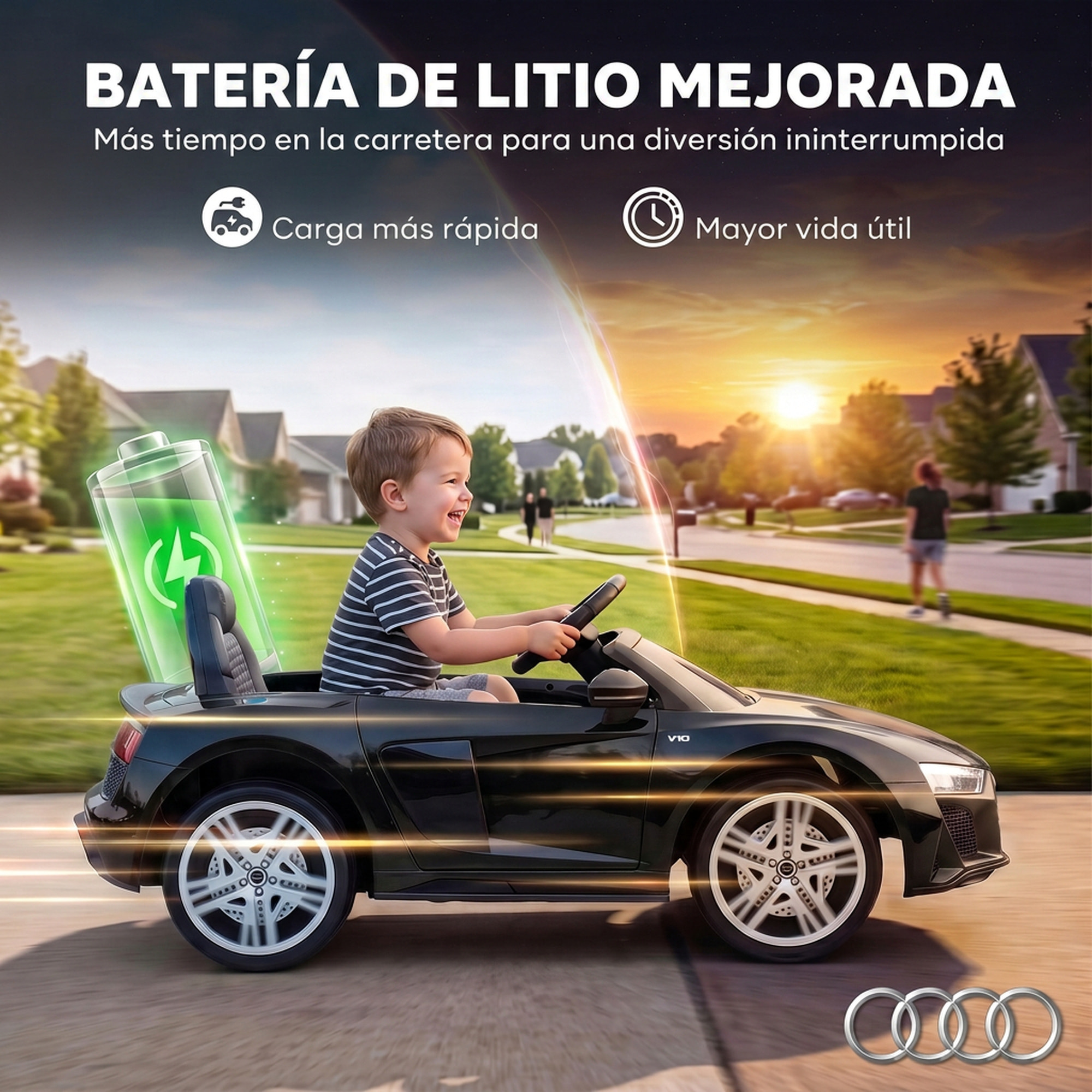 Coche Eléctrico para Niños Audi R8 Spyder Coche de Batería Litio 12V con Mando a Distancia 2,4 G 2 Motores Arranque Suave Suspensión Trasera Música Bocina USB Faros LED +3 Años 3-5km/h Negro